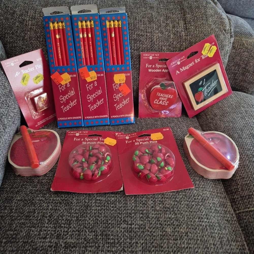 Vintage American Greeting Forget Me Not Teacher Lot Pencils, NotePad, Pins .....